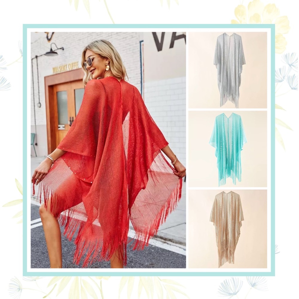 🌸 FRINGE ROBE KIMONO KAFTAN BEACH COVER TASSEL MIDI SLEEVE BOHO CHIC SHAWL